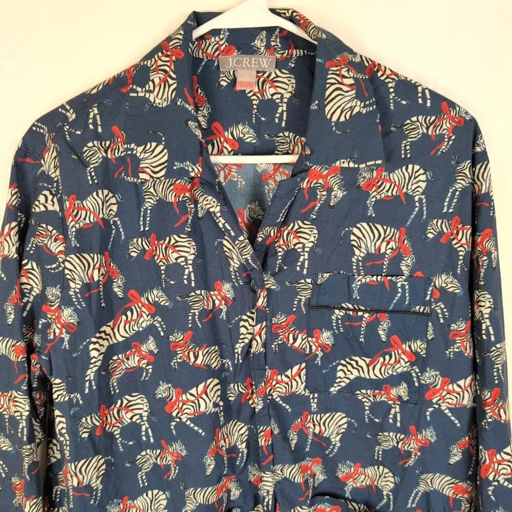 J.Crew blue zebra print button up sleep shirt Size Small Loungewear Retro Safari